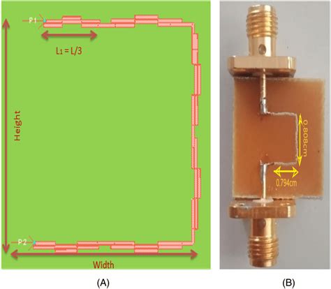 Compact Minkowski microstrip filter: (A) Layout; (B) hardware developed ...