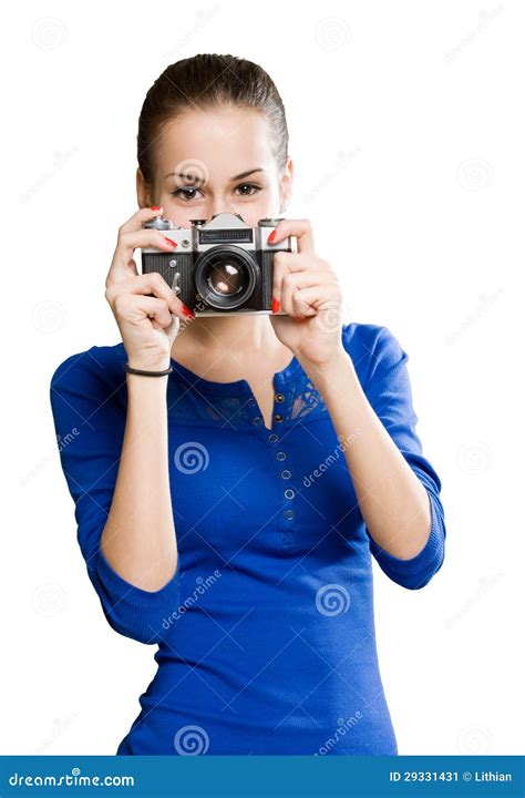 Brunette Cutie Using Photo Camera Stock Image Image Of Portrait Beginner 29331431