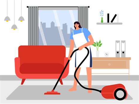 Best Premium Female Cleaning Worker With Vacuum Cleaner Illustration