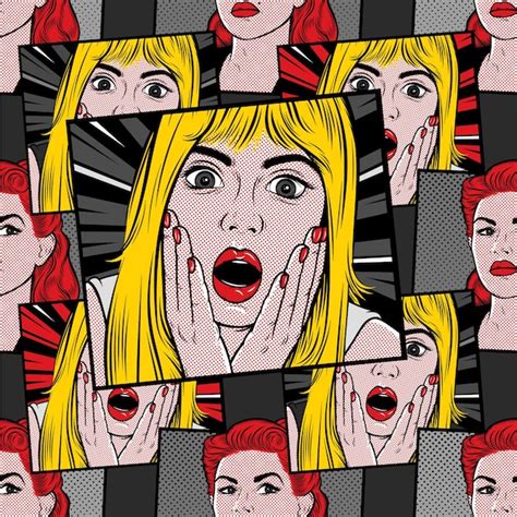 Premium Vector Retro Comic Pattern With Surprised Blonde Woman Wow