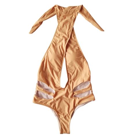 Oem Recycled Custom Halter One Piece Hollow Deep V Nude Color Swimsuit Swimsuit And Bikini Price