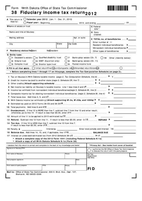 Fillable Form 38 Fiduciary Income Tax Return 2012 Printable Pdf