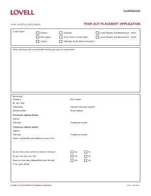 Fillable Online Lovell Co Lovell Co Uk Careers YEAR OUT PLACEMENT