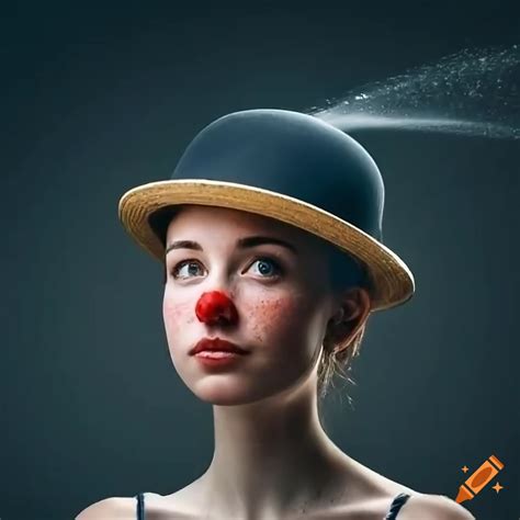 Blonde Freckled Woman With Red Clown Nose And Bowler Hat Spraying Water