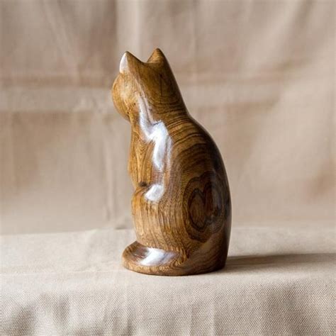 Wooden Cat Statue Wooden Cat Figurine Wood Carving Hand Etsy