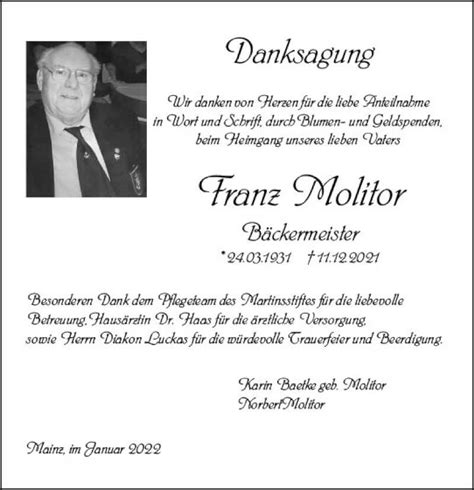 Traueranzeigen Von Franz Molitor Vrm Trauer De