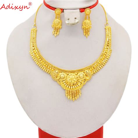 Adixyn 2022 New Dubai Jewelry Copper 24k Gold Color Earrings Necklace