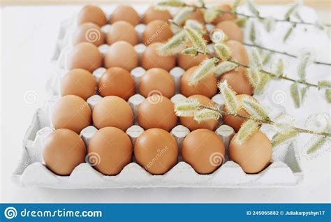 Chicken Eggs In An Egg Carton With Willow Twig On A White Background