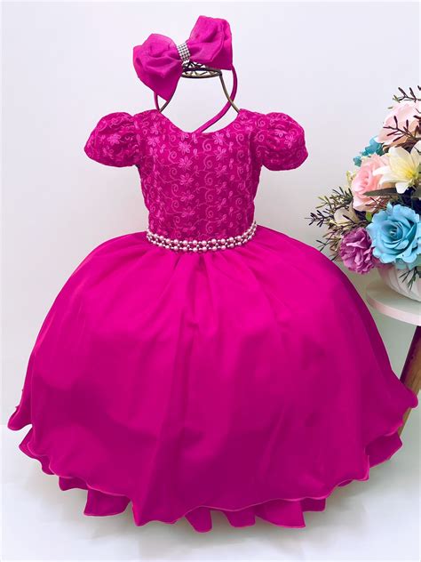 Vestido Infantil Pink Renda Cinto Pérolas C Tiara Rosa Charmosa Atacado