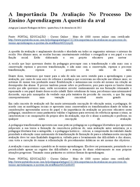 Qual O Papel Da Avaliação No Processo De Ensino-aprendizagem - Avaliação no Processo de Ensino-Aprendizagem | PDF | Pedagogia | Escolas