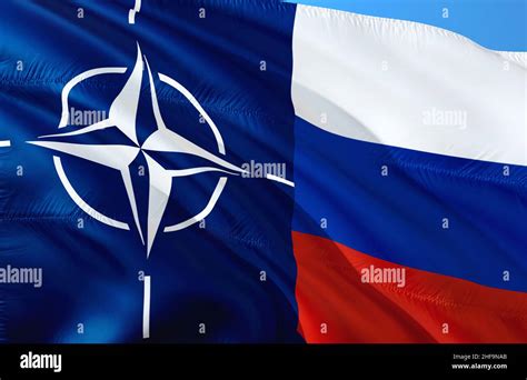 NATO vs Russia flag image waving in wind. Realistic North Atlantic Treaty Organization and ...