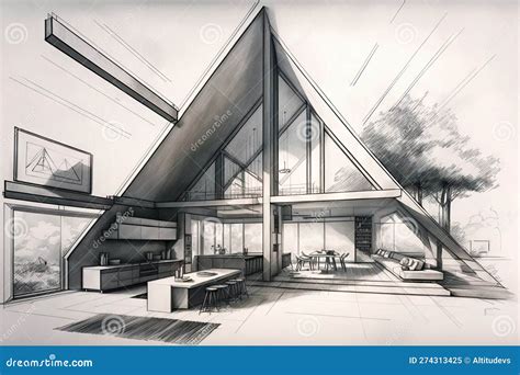 Architectural Pencil Illustration Of Mid-century Modern House Stock ...