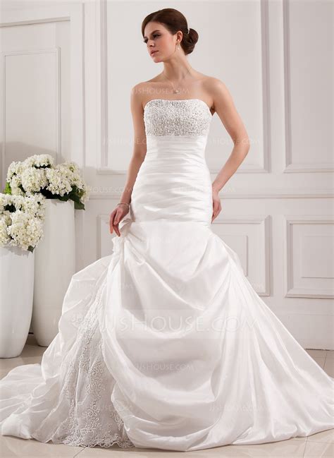 Trumpet Mermaid Strapless Cathedral Train Taffeta Lace Wedding Dress