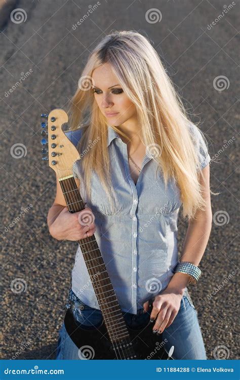 Beautiful Blonde With A Guitar Stock Photo Image Of Brown Outdoors 11884288