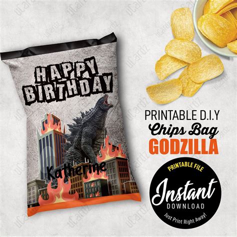 Printable Godzilla Chips Bag Instant Download Godzilla Chips Bag Godzilla Party Supplies