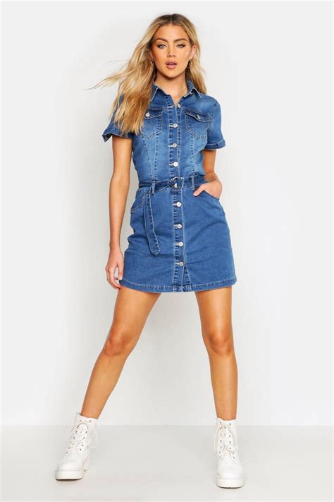 Denim Belted Short Sleeve Dress Boohoo Denim Dress Outfit Summer