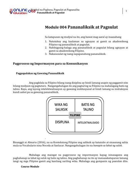 Module 004 Pananaliksik At Pagsulat Kritikal Na Pagbasa Pagsulat At