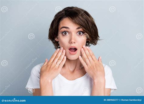 Photo Of Excited Impressed Lady Wear White T Shirt Open Mouth Arms