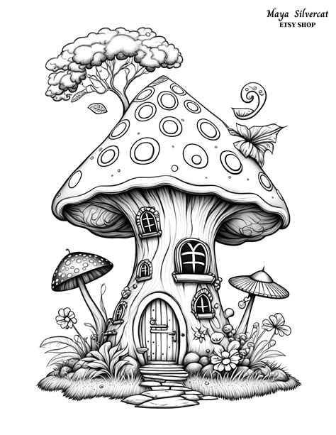 Mushroom House Free Grayscale Coloring Page For Adults Coloring