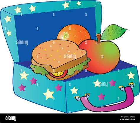A cartoon illustration of a childs lunch box with healthy food Stock
