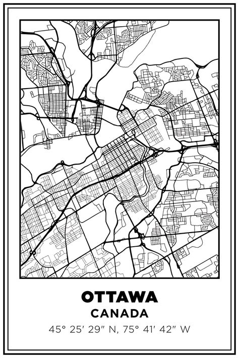 Black and white printable Street map art Ottawa, Ontario, Canada