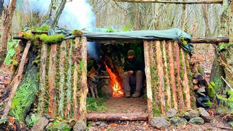 Bushcraft Shelter With Fireplace Moss And Wooden Wall Survival