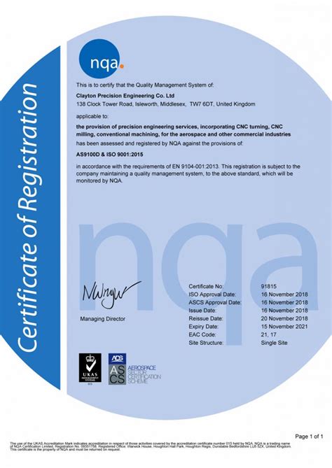 Certificate Nqa As9100d And Iso9001 2015 Clayton Precision Engineering