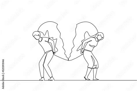 Vetor De Single One Line Drawing Broken Heart Carried By Man And Woman