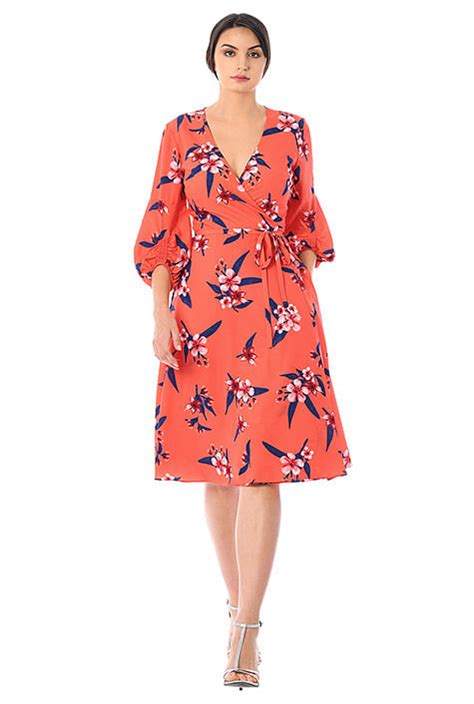 Shop Ruched Bell Sleeve Floral Print Crepe Wrap Dress Eshakti