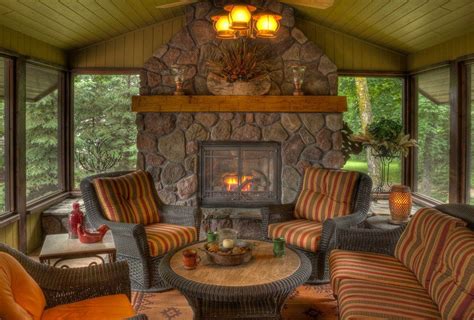 Sunroom With Fireplace Porch Rustic Cabin Ceiling Lighting Cottage