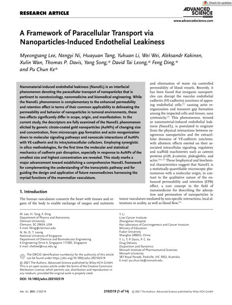 Pdf A Framework Of Paracellular Transport Via Nanoparticles Induced