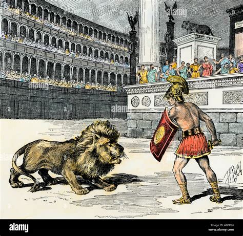 Prisoner fighting a hungry lion in ancient Rome Stock Photo: 12419992 ...