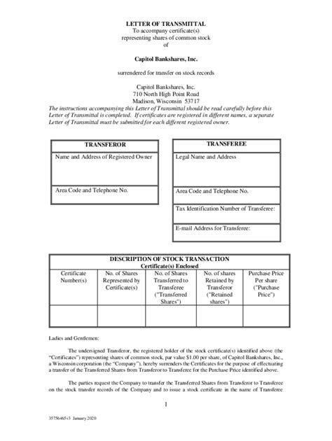 Fillable Online Letter Of Transmittal To Accompany Certificate S