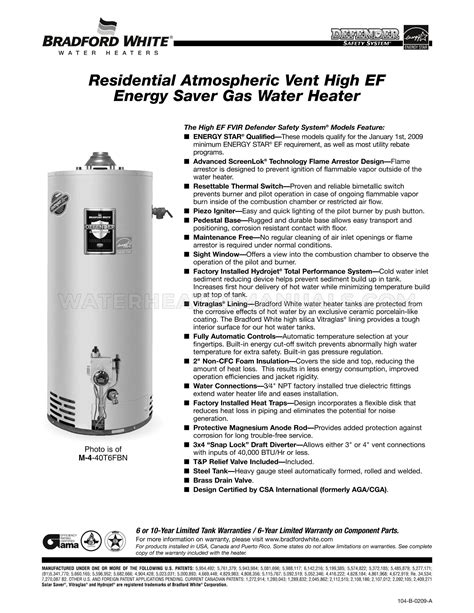 Bradford White M T Fbn Water Heater Specification Sheet Water