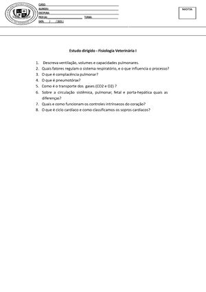 Exercicio final exercício de parasitologia veterinária 1 Qual o do