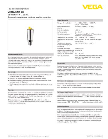 Vega VEGABAR 28 Pressure sensor with switching function Especificación