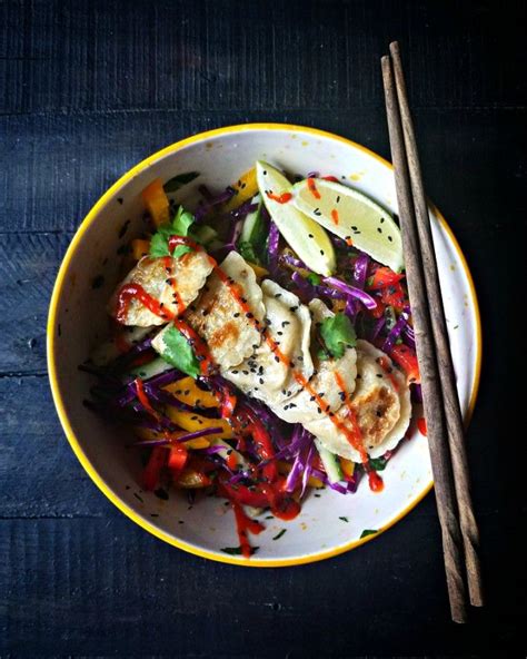 Vegan Thai Basil Vegetable Nasoya Dumplings With Colorful Slaw