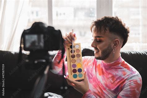 A Gay Man Showing Makeup In Live Video Streaming On Social Media With A Video Camera Lifestyle