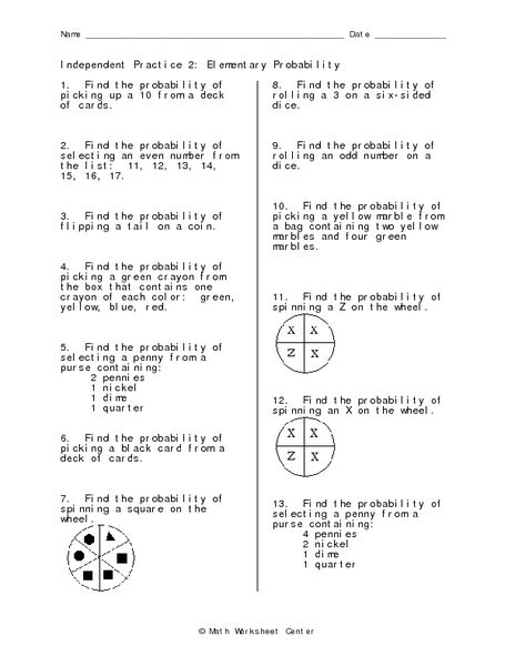 Independent Practice 2 Elementary Probability Worksheet For 7th 8th