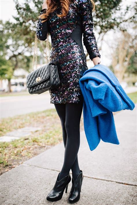 Long Sleeve Sequin Dress Black Tights Booties And Forever21 Blue