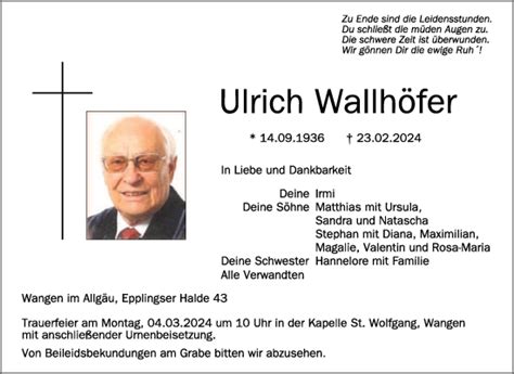 Traueranzeigen von Ulrich Wallhöfer schwaebische de Trauerportal