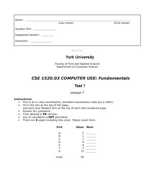 Fillable Online Cse Yorku Part A Points Enter A Number In Each Space