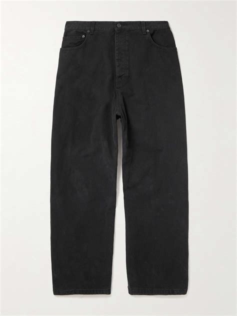 Black Hybrid Wide Leg Distressed Panelled Denim And Cotton Fleece