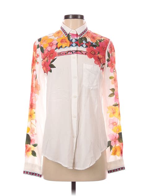 Desigual Floral White Ivory Long Sleeve Button Down Shirt Size Xs 70