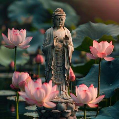 Water Lotus Buddha Statue Buddha Standing On A Lotus Premium Ai