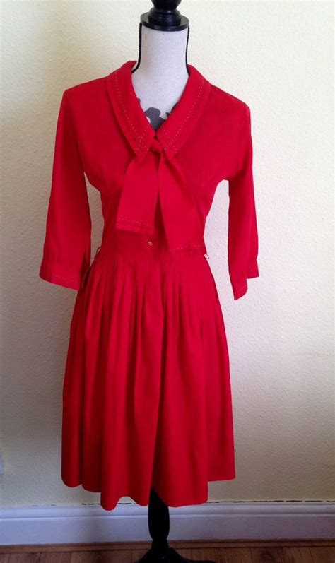 1950s Cherry Red Shirtwaist Dress With Optional Tie Neck Etsy UK