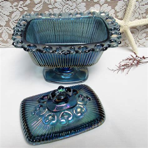 Vintage Blue Carnival Glass Candy Dish Pedestal Top Lace Edge Square