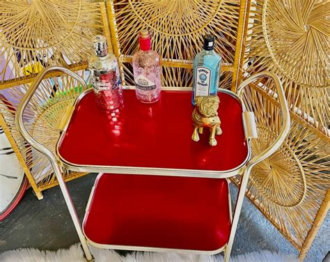 Red And Gold 2 Tier Vintage Mid Century Bar Cart Drinks Trolley Etsy