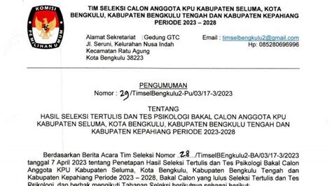 Daftar Lengkap 20 Besar Calon Komisioner Kpu Kota Bengkulu Seluma