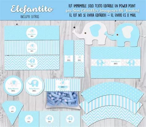 Kit Imprimible Elefante Celeste Bebe Bautizo Baby Shower T En Venta